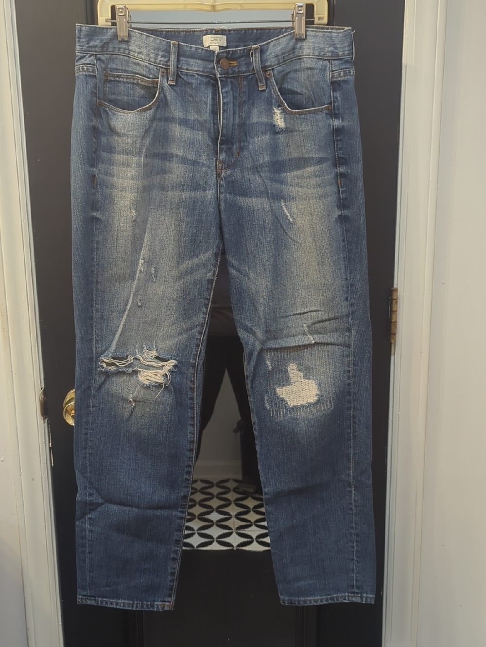 J. Crew Distressed Light Blue Boyfriend Jeans with Gold Stitching